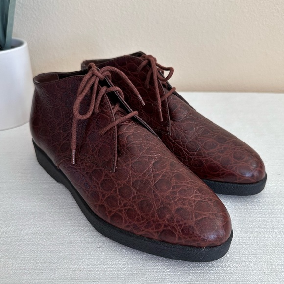 New Trotters Jill Brown Croc Texture Leather Ankle Vintage Booties Women’s 5.5W - Picture 5 of 13